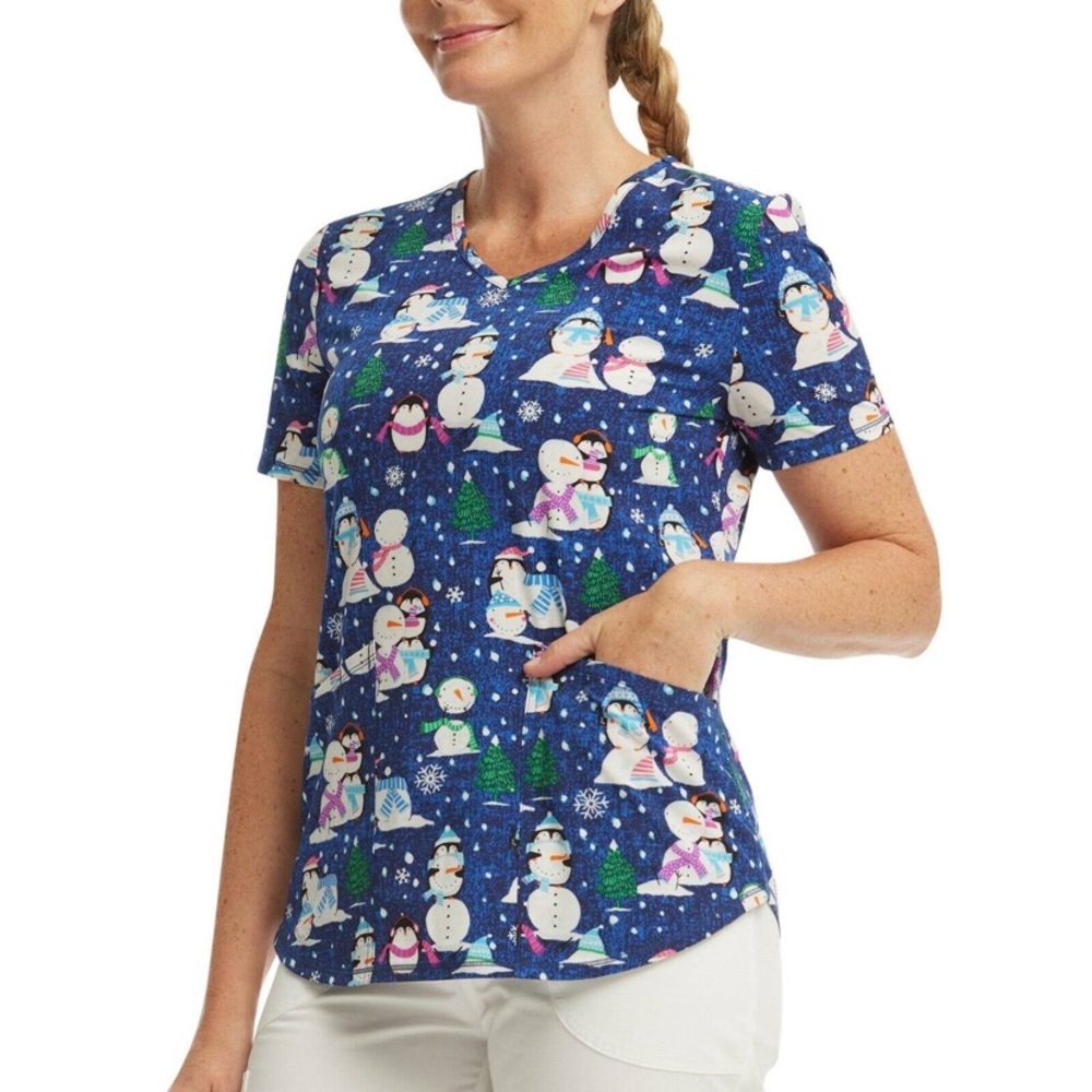 Winter penguin and snowman scrub top